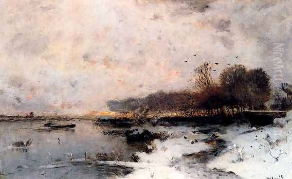 A Winter River Landscape At Sunset by Wilhelm von Gegerfelt
