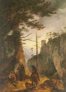 Jäger Vor Einer Köhlerhütte (Huntsmen Passing By The Charcoal Burner's Hut) by Friedrich Gauermann