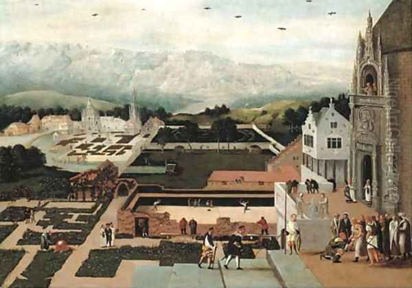 The grounds of a Renaissance Palace with episodes from the story of David and Bathsheba, an extensive landscape beyond by Lucas Gassel