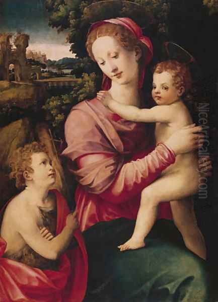 The Madonna and Child with the infant Saint John the Baptist, a wooded river landscape with an imaginary palace beyond - view 1