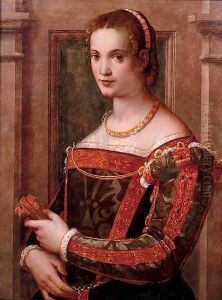 Portrait of a lady, half-length, in a green silk dress with gold trim, holding a glove by Michele di Ridolfo del Ghirlandaio (see Tosini)