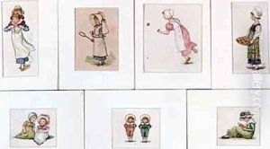 Collection of miniature watercolours of children playing