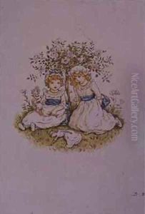 Two Girls with Dolls sitting under a rose bush by Kate Greenaway