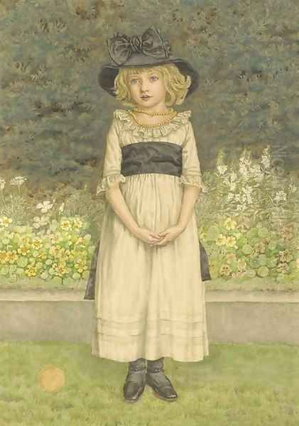 Study of a young girl in a garden, a border of nasturtiums and other plants beyond - view 1