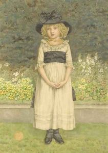 Study of a young girl in a garden, a border of nasturtiums and other plants beyond