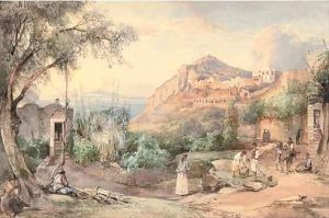 Figures resting at sunset, Capri