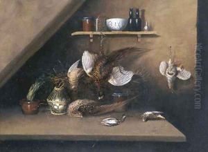 Still Life with dead Game and Bottles and Jars on Shelf by William Buelow Gould
