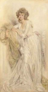 A portrait of a lady, full-length resting on a pilaster by Mary L. Gow
