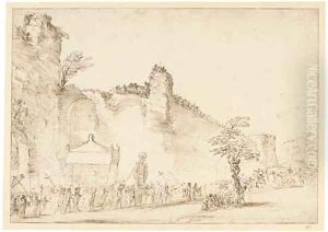 A procession leaving the gates of a walled city by Cesare Gennari
