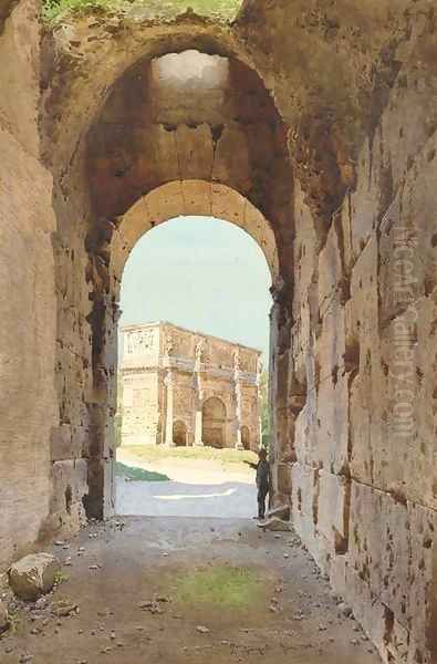 A figure standing before a Roman arch - view 1