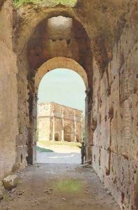 A figure standing before a Roman arch