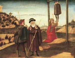 Saint James the Greater rescuing the pilgrim unjustly condemned to death at Toulouse (panel from a predella) by Benvenuto Di Giovanni Guasta