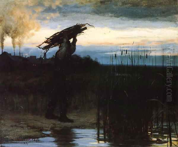 Man Carrying Sticks at Dusk - view 1