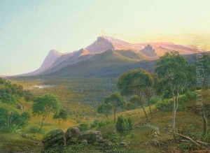Aborigines by a Fire before Mount William as seen from Mount Dryden in the Grampians Victoria