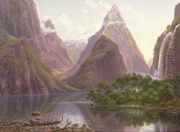 Native figures in a canoe at Milford Sound West Coast of South Island New Zealand also depicted are Mitre Peak and Bowens Fall - view 1