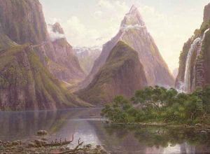 Native figures in a canoe at Milford Sound West Coast of South Island New Zealand also depicted are Mitre Peak and Bowens Fall by Eugene von Guerard
