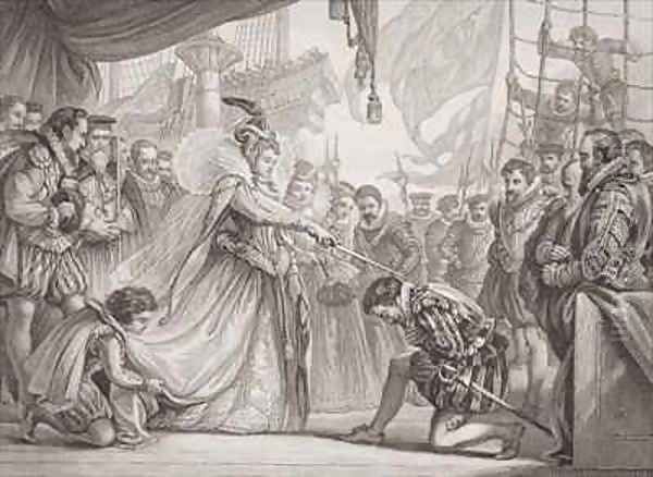 Queen Elizabeth I 1530-1603 knighting Francis Drake 1540-96 from Illustrations of English and Scottish History Volume I - view 1