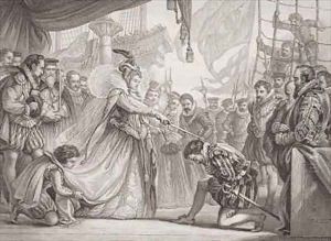 Queen Elizabeth I 1530-1603 knighting Francis Drake 1540-96 from Illustrations of English and Scottish History Volume I by Sir John Gilbert