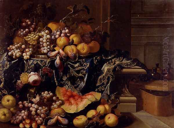 A Landscape With A Still Life Of A Melon, Watermelon, Peaches, Grapes, a Pomegranate, Cherries And Roses by Antonio Gianlisi The Younger
