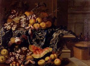A Landscape With A Still Life Of A Melon, Watermelon, Peaches, Grapes, a Pomegranate, Cherries And Roses by Antonio Gianlisi The Younger