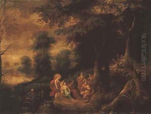 A wooded landscape with the Judgement of Midas by Abraham Govaerts