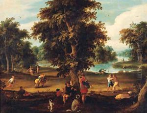 Peasants making music and disporting in a wooded river landscape by Abraham Govaerts