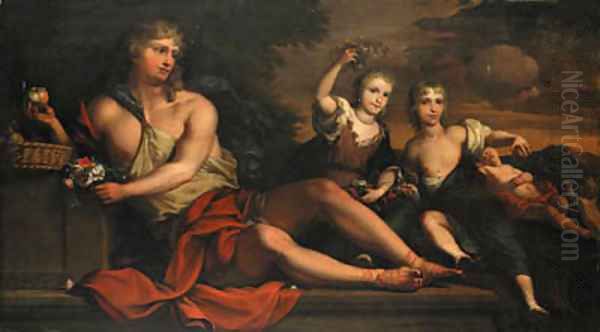 A reclining youth holding fruit and flowers with a brother and sister and a sleeping child beyond - view 1