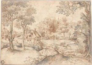 A landscape with a village by Jacob Grimmer