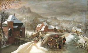 A winter landscape with soldiers in a village by Jacob Grimmer