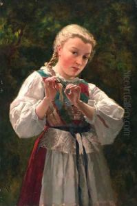 A young girl braiding her hair by Theodore Gerard