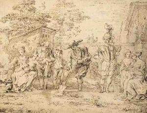 Les quatre Ages de la vie Seven figures in a garden, one digging with a spade by Claude Gillot