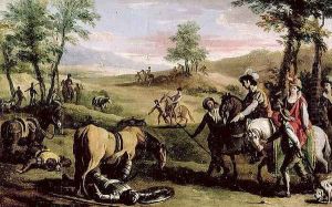 Don Quixote falls from his horse in front of the Dukes by Zacarias Gonzalez Velazquez