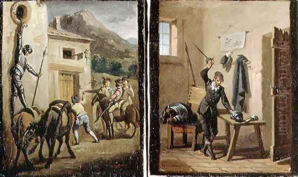 Don Quixote hanging from the window and preparing his armour, two scenes from the novel by Cervantes - view 1