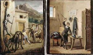 Don Quixote hanging from the window and preparing his armour, two scenes from the novel by Cervantes by Zacarias Gonzalez Velazquez