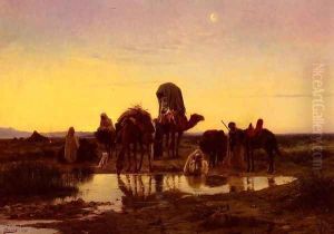 Camel Train By An Oasis At Dawn by Eugene-Alexis Girardet