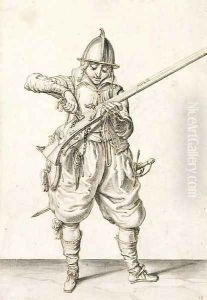 A soldier pouring powder into the pan of a matchlock by Jacques de Gheyn
