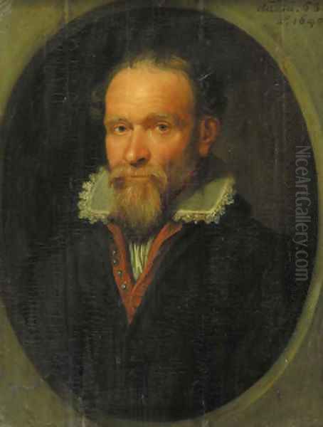 Portrait of a bearded gentleman, half length, wearing a red-lined black jacket and lace chemise, in a feigned stone oval window - view 1