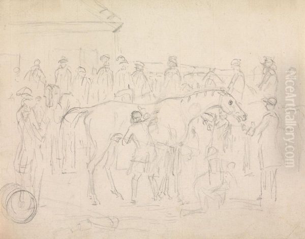 Rubbing down a horse in a paddock at a racetrack - view 1