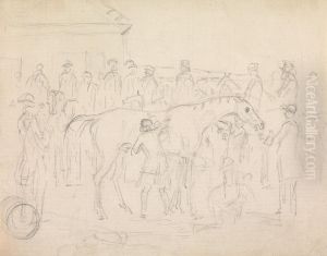 Rubbing down a horse in a paddock at a racetrack