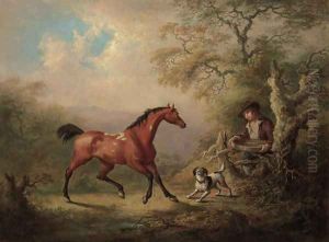 A groom offering a feeding sieve to a bay pony, in a wooded landscape by Sawrey Gilpin