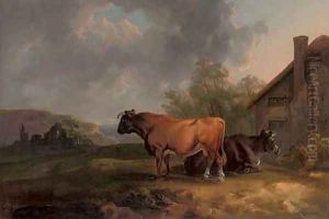 Cattle in a landscape by a cottage, with ruins beyond by Sawrey Gilpin