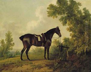 A saddled bay hunter in a wooded landscape by Sawrey Gilpin