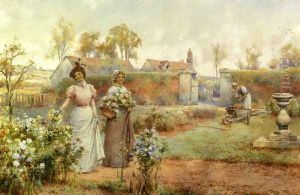 A Lady And Her Maid Picking Chrysanthemums