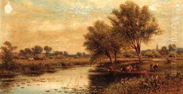 Cattle watering with harvesters beyond - view 1