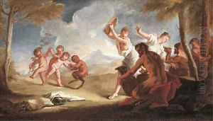 Nymphs, putti and satyrs dancing in a landscape by Nicola Grassi