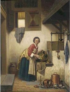 'Ik ben zoo klaar met schuren' a scullery maid at work by Charles Joseph Grips