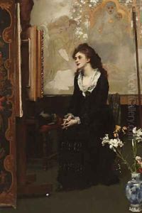 A Young Woman Views a Painting on an Easel in Front of a Cartoon by Karl Gussow