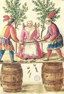 Two Venetian magicians sawing a woman in half