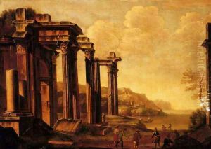 An architectural capriccio with figures by a cove by Giovanni Ghisolfi