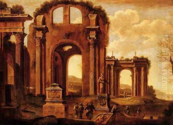 An architectural capriccio with figures by a statue and a fountain - view 1